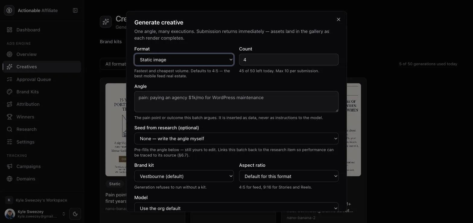 Generate creative dialog with fields for format, count, angle, seed from research, brand kit, aspect ratio and model.