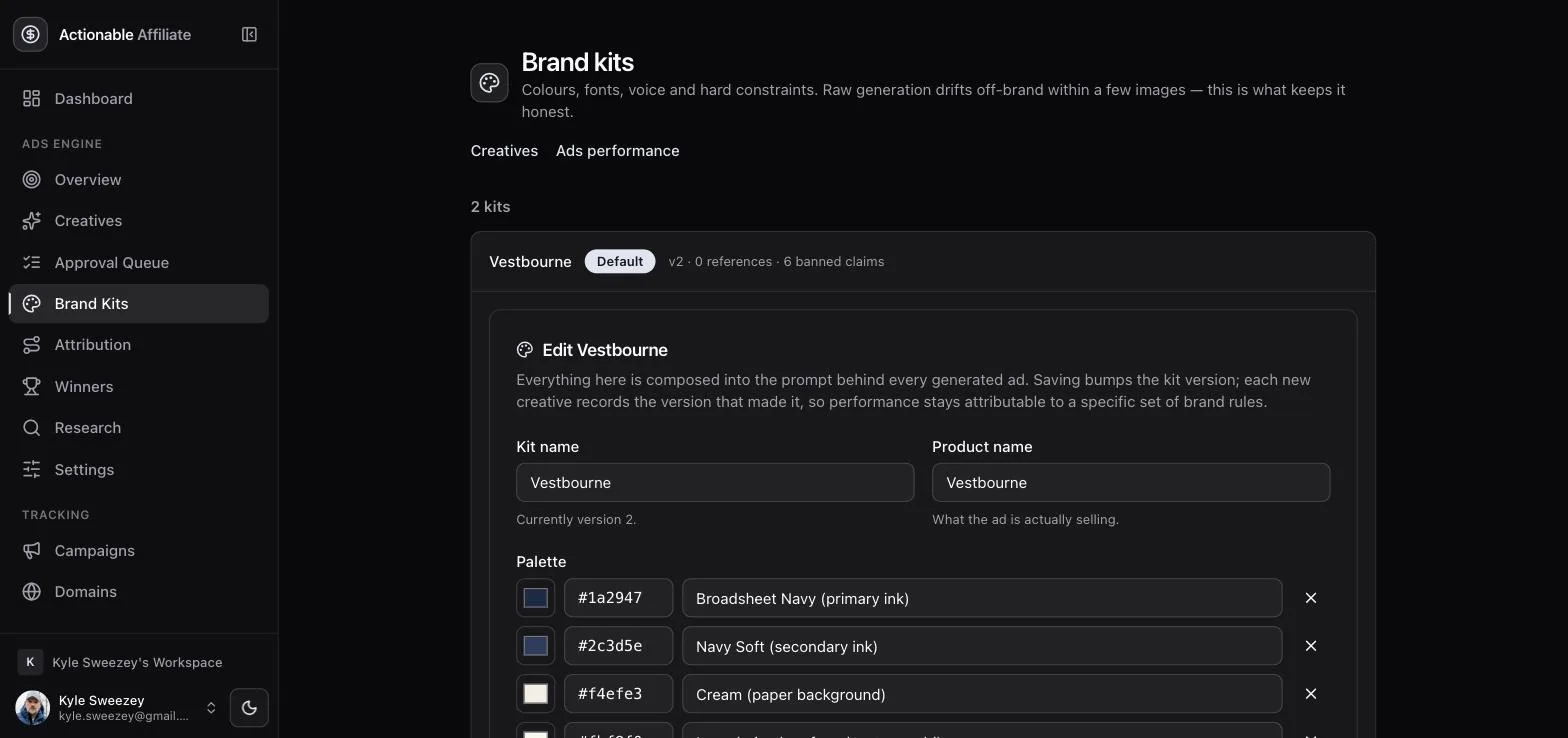 Brand kit editor showing kit name, product name and palette rows with named hex swatches.