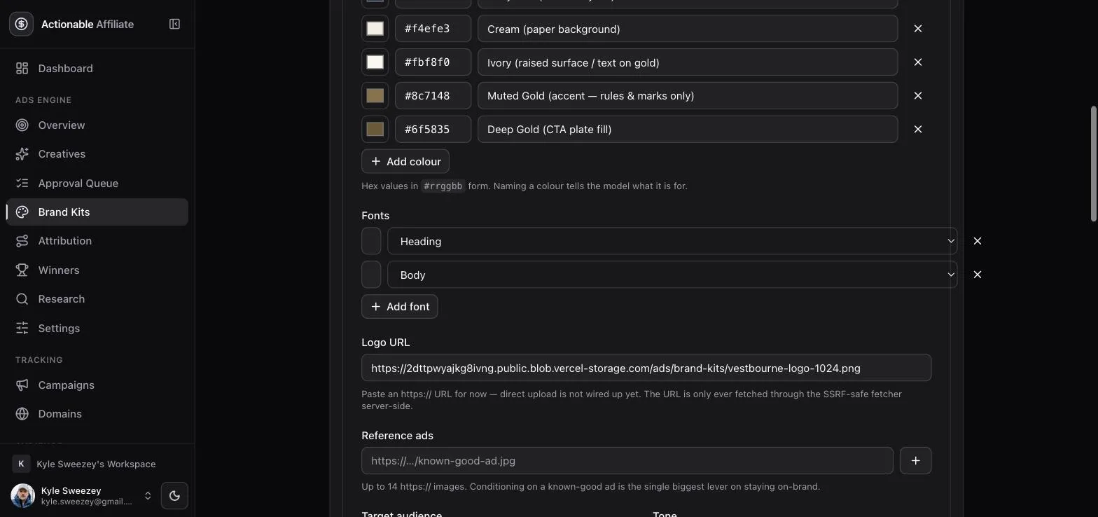 Brand kit editor continued: palette entries Ivory, Muted Gold and Deep Gold, font list, logo URL field and reference ads field.