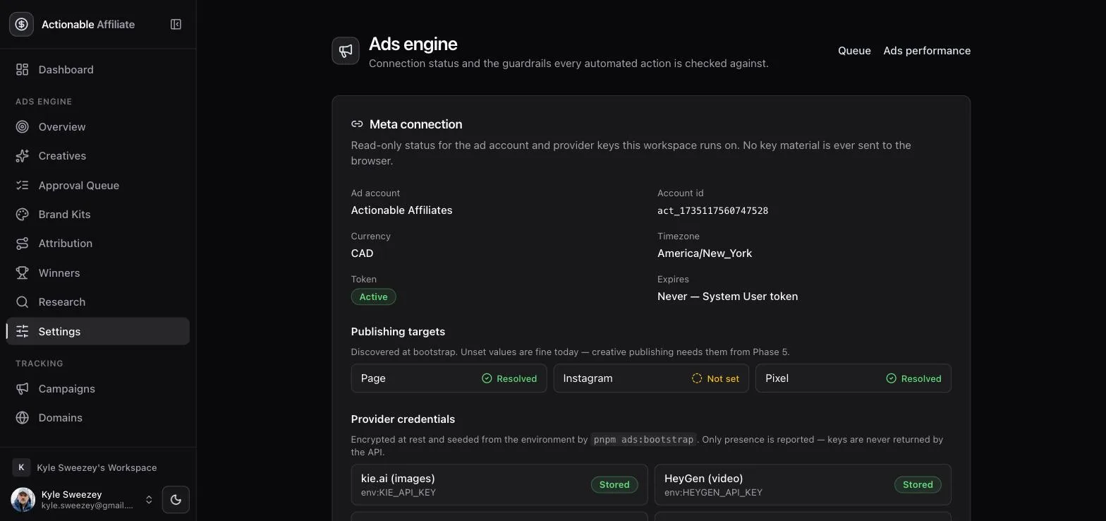 Ads engine settings page: Meta connection card showing ad account, account id, currency CAD, timezone, token Active and never expiring; publishing targets with Page and Pixel resolved and Instagram not set; provider credentials for kie.ai and HeyGen marked Stored.