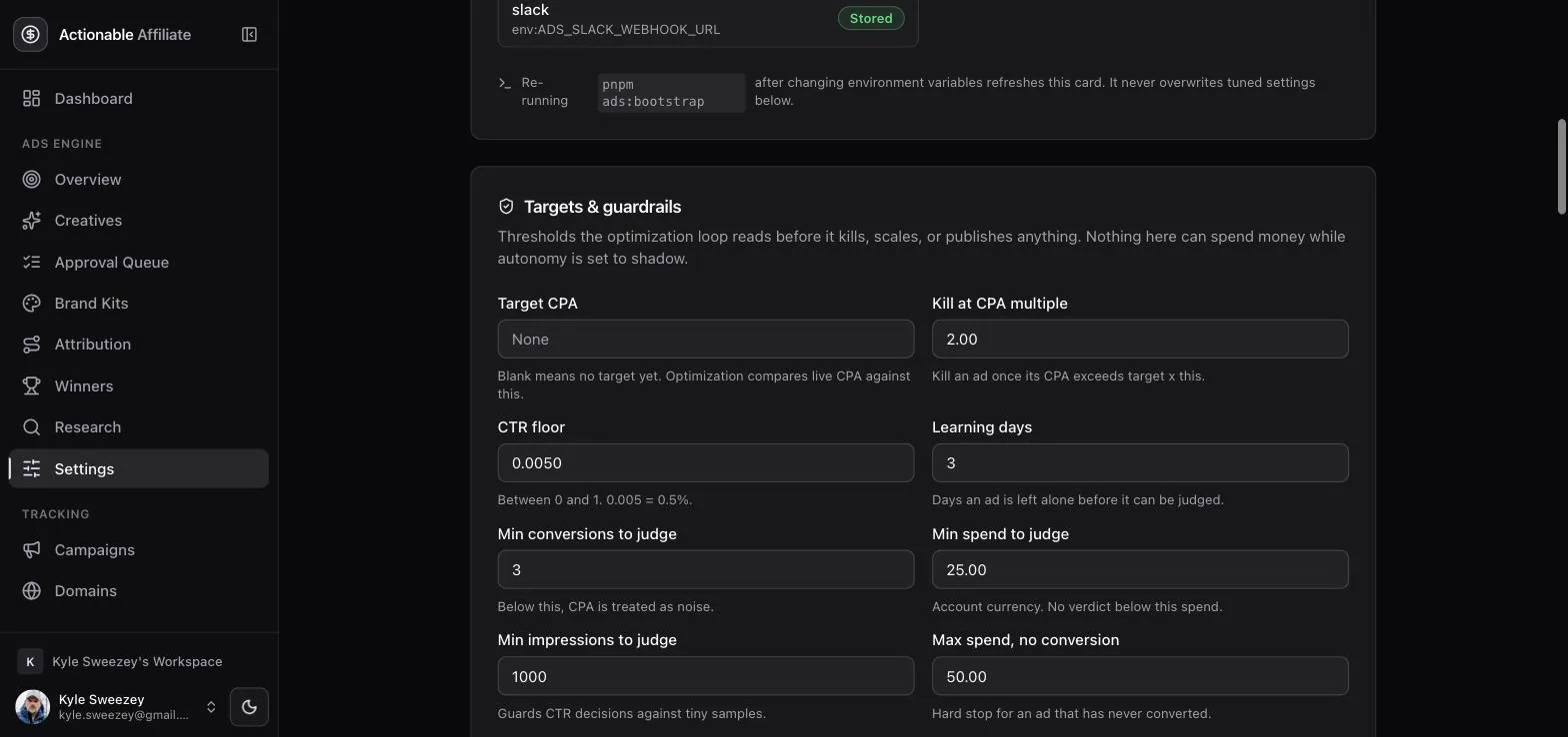 Targets and guardrails settings: target CPA, kill at CPA multiple 2.00, CTR floor 0.0050, learning days 3, minimum conversions 3, minimum spend 25, minimum impressions 1000, max spend with no conversion 50.