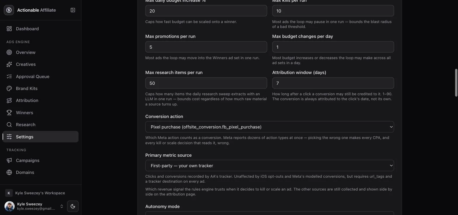 Settings showing max daily budget increase 20 percent, max kills and promotions per run, attribution window 7 days, conversion action set to pixel purchase, and primary metric source set to first-party.