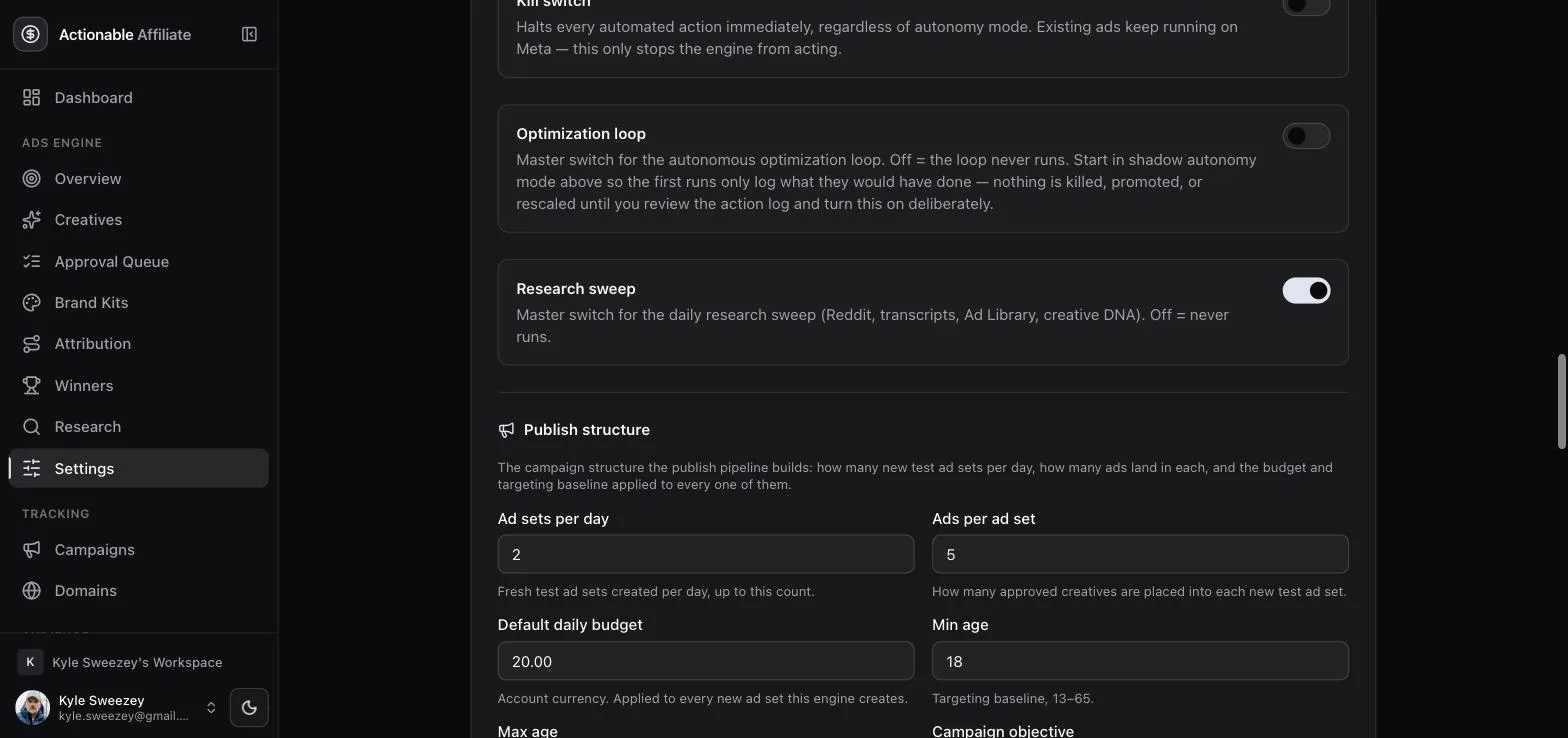 Settings showing kill switch, optimization loop toggle off, research sweep toggle on, and publish structure values: ad sets per day 2, ads per ad set 5, default daily budget 20, and targeting baseline.
