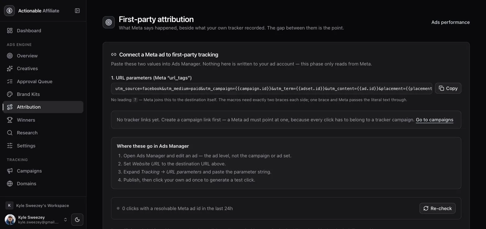 Attribution page showing the url_tags parameter string with a Copy button, instructions titled Where these go in Ads Manager, and a click-resolver status line.