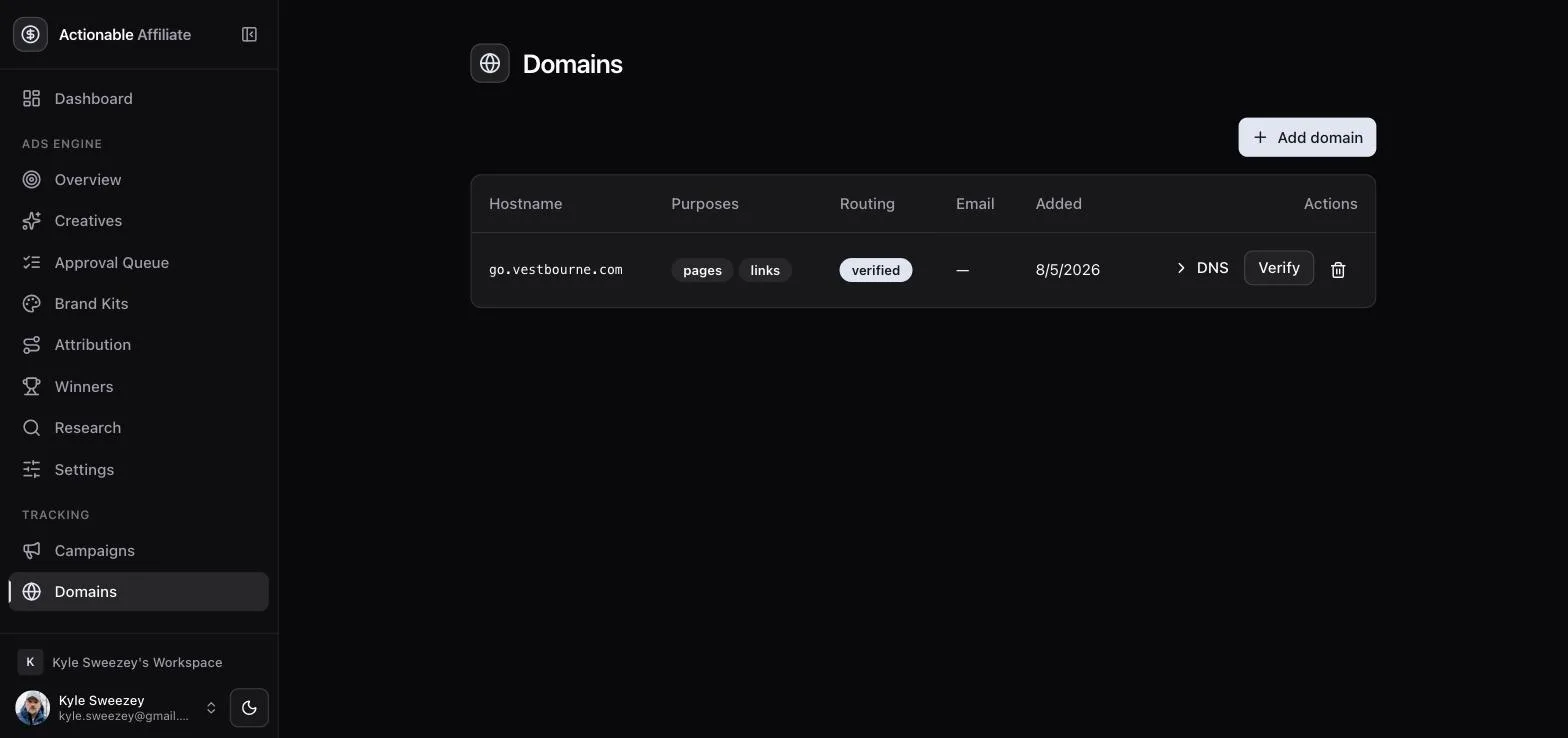 Domains page showing go.vestbourne.com verified with pages and links purposes, and an Add domain button.