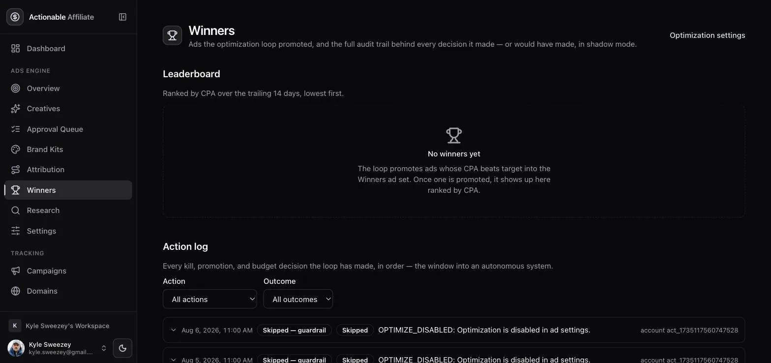 Winners page showing an empty leaderboard and an action log listing skipped decisions with guardrail reasons.