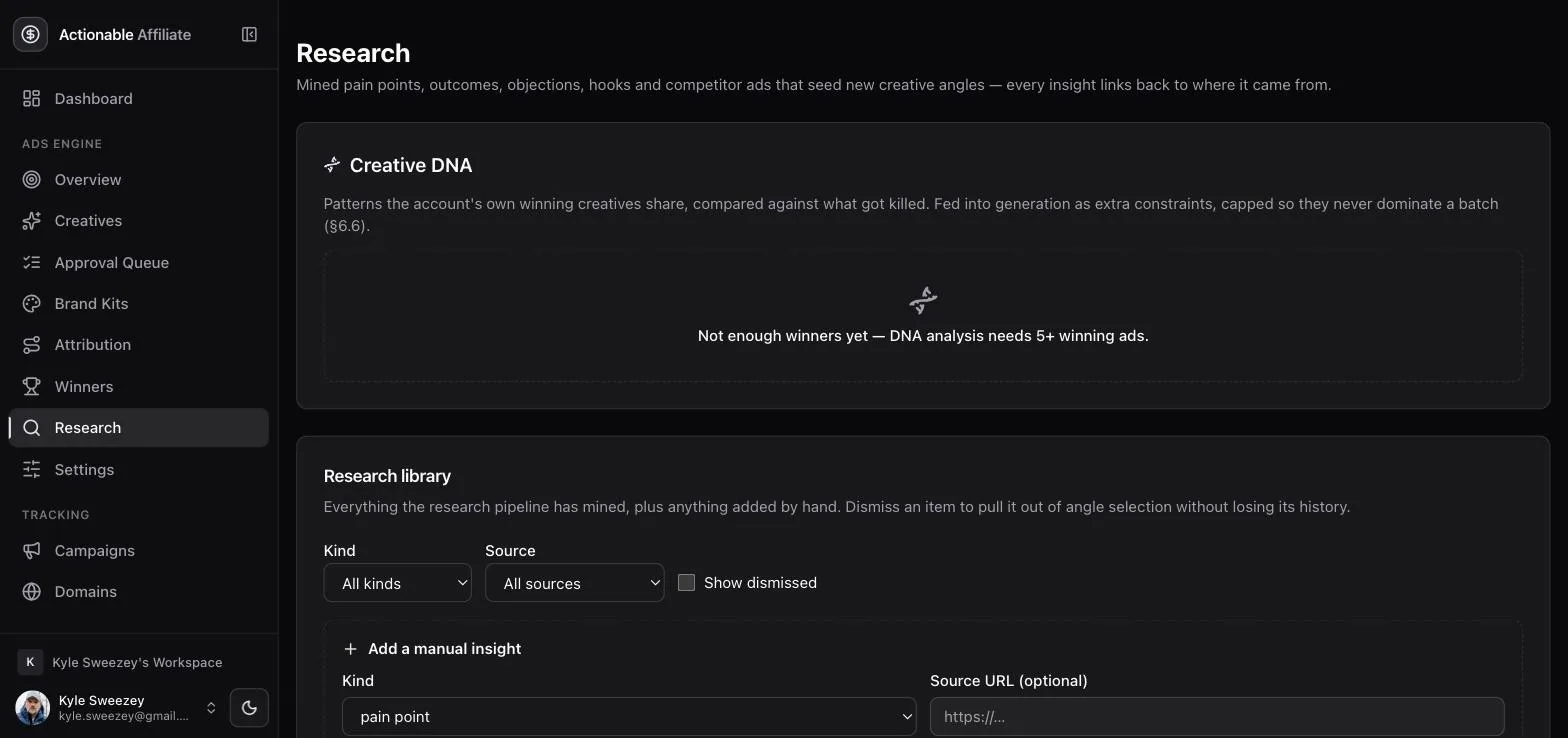 Research page showing the Creative DNA panel stating it needs five or more winners, research library filters, and an Add a manual insight control.